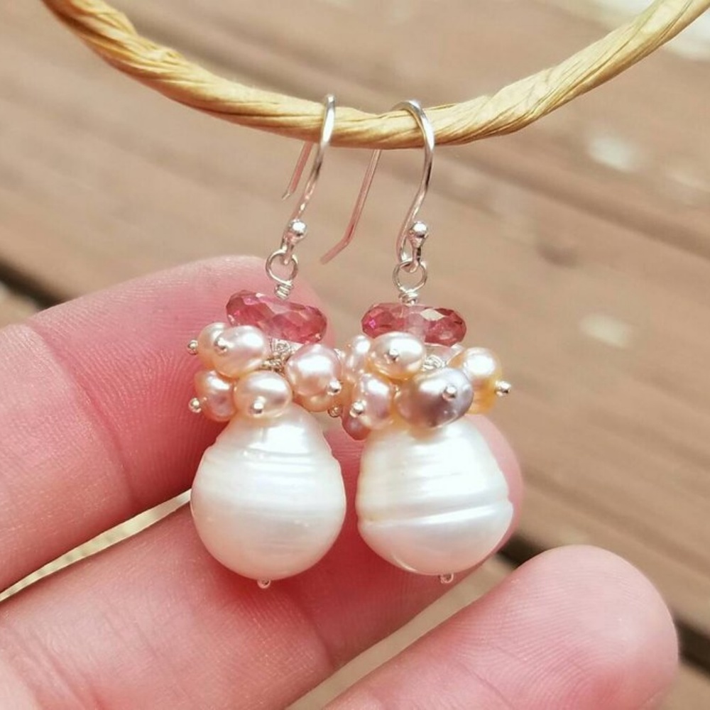 SOLDNatural Pearl & Pink Topaz Dangle Earrings 925 - Picture 2 of 4